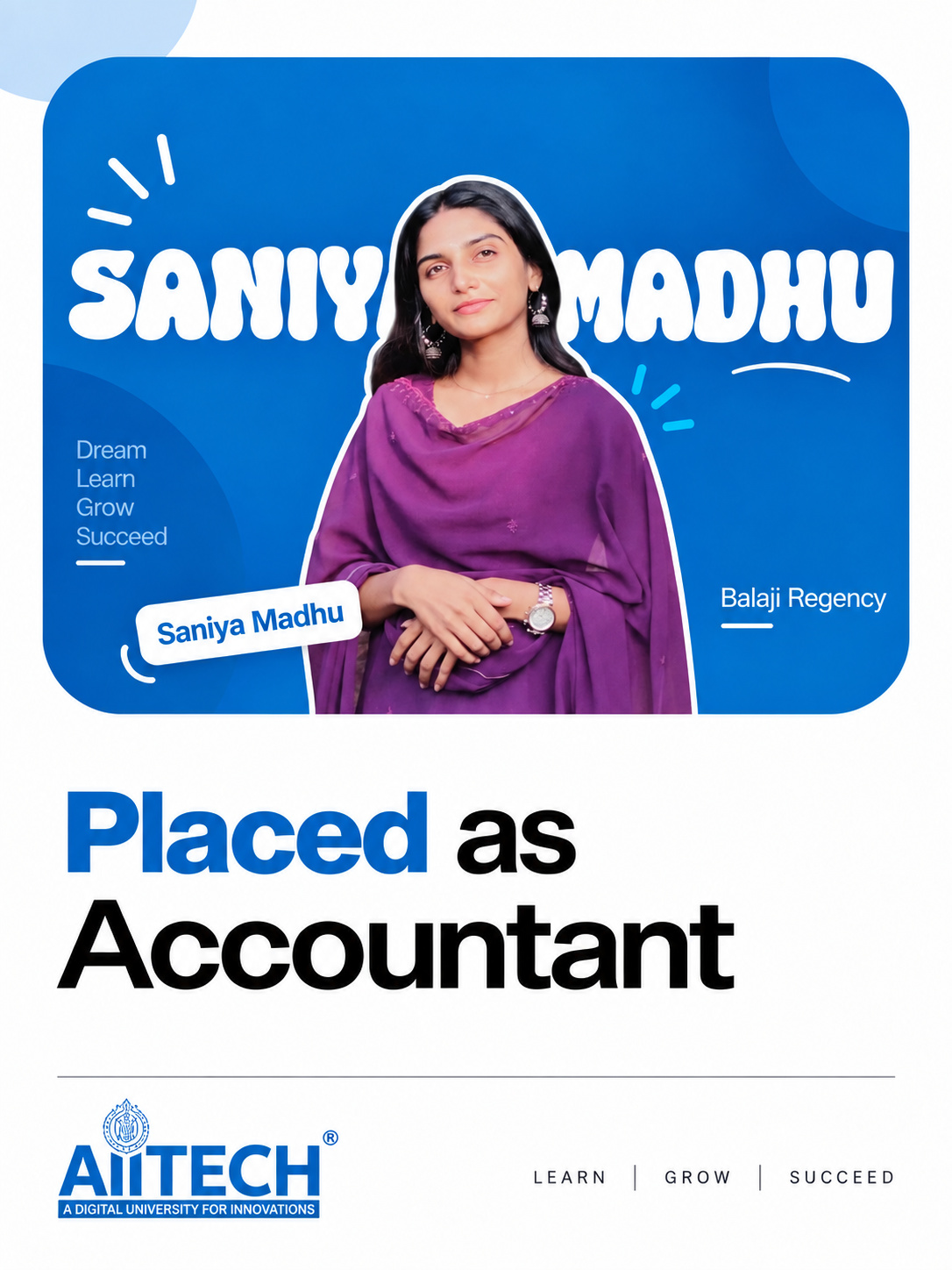 AIITECH Placed Student - Saniya Madhu (Balaji Regency)